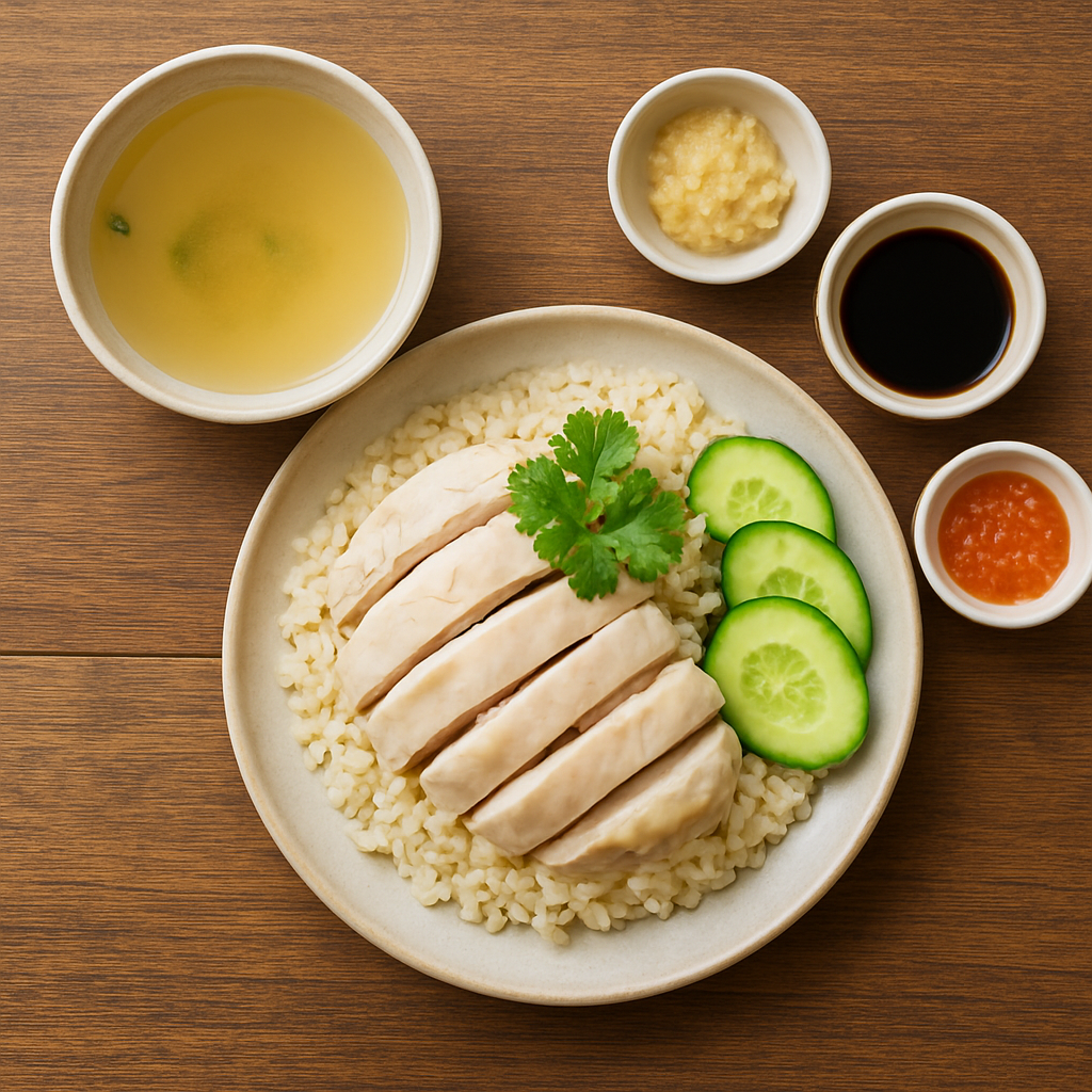 Hainanese chicken rice with poached chicken, fragrant rice and dipping sauces