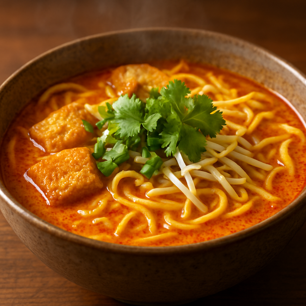 A bowl of rich Malaysian curry laksa noodle soup with coconut broth