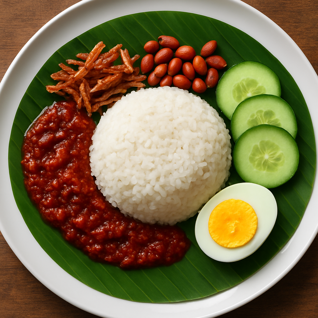 Plate of Malaysian nasi lemak with coconut rice, sambal, and accompaniments