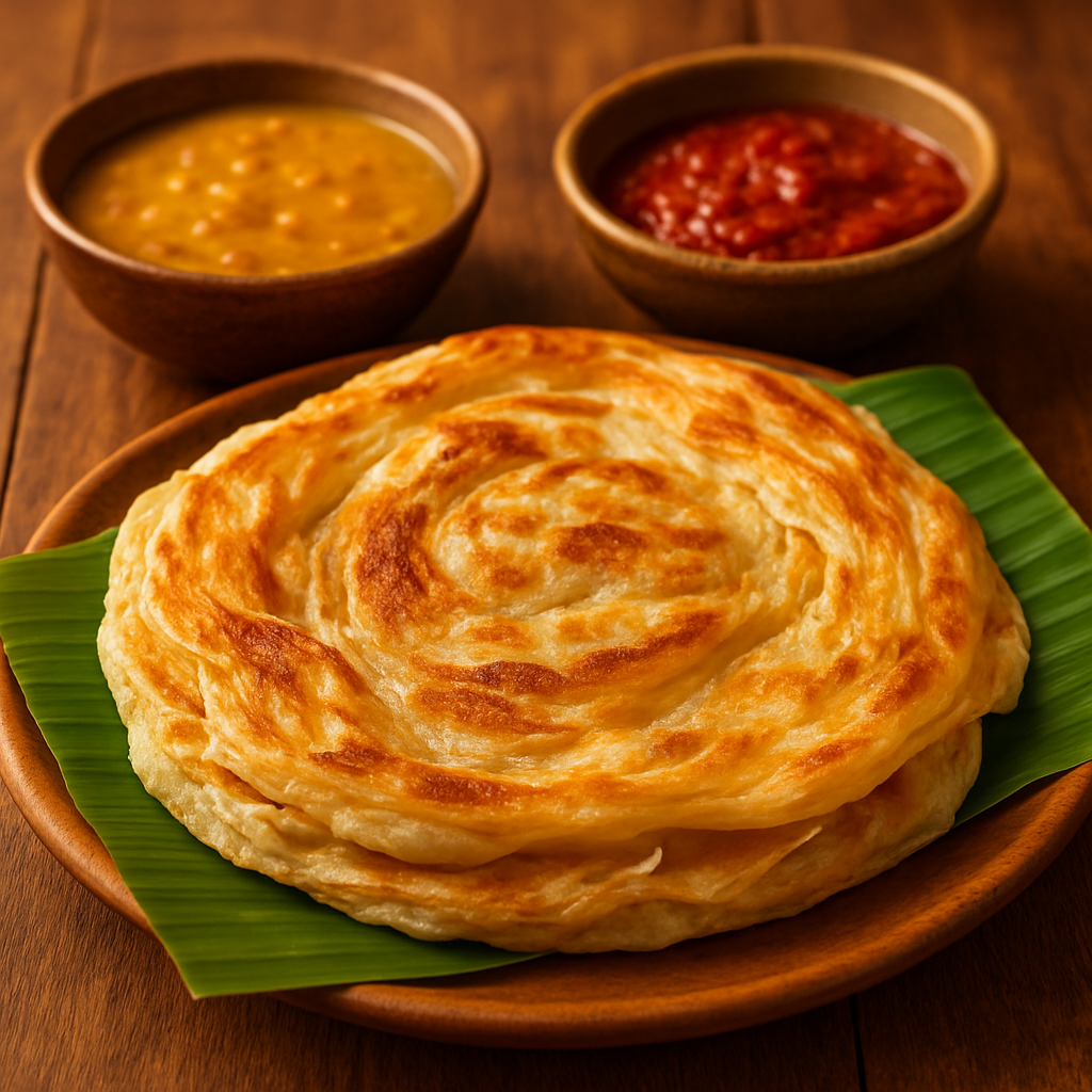 Golden flaky roti canai Malaysian flatbread with dhal and sambal dipping sauces