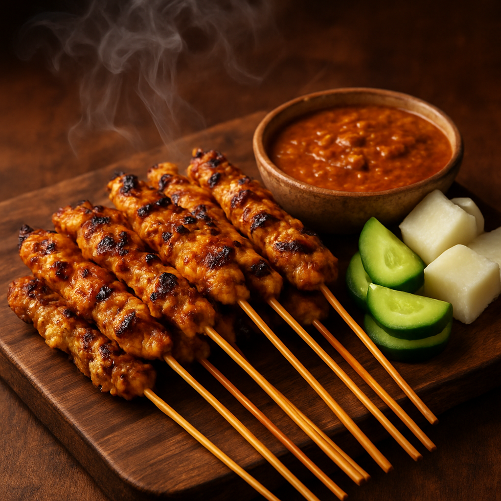 Malaysian satay chicken skewers grilled on charcoal with peanut sauce